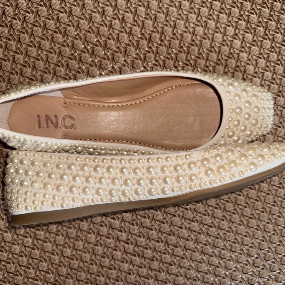 INC International Concepts Women's Pearl-Studded Cream Flats - Picture 3 of 3